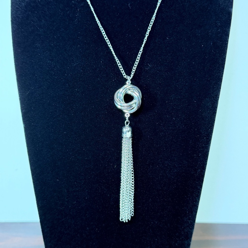 Silver Tone Love Knot Tassel Pendant Opera Length Long Chain Necklace Womens